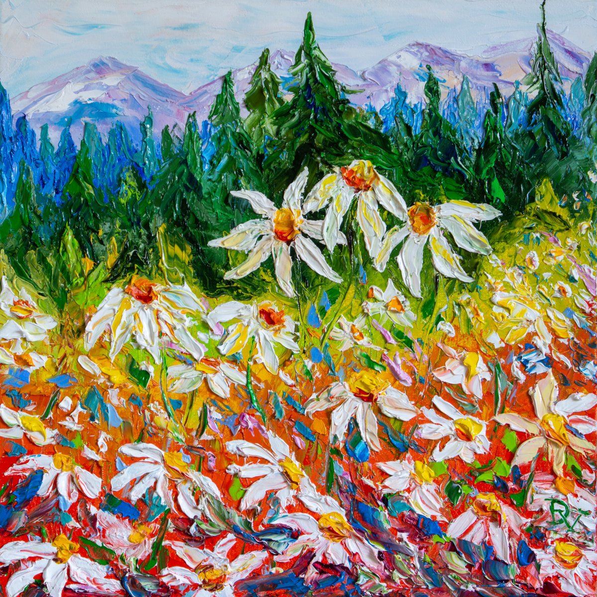 Impressionistic Landscape Oil Painting By Vladyslav Durniev, 16 X 16", Wild Daisies, Original Artwork