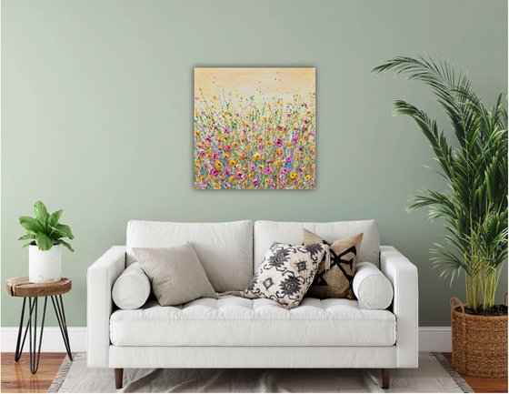 Sunshine Meadow - Textured Floral Painting, Palette knife art