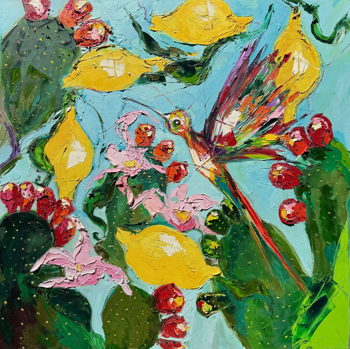 Expressive Oil Painting , Song Of The Cactus Flower By Lina Redford, 31 X 31, Artwork For Sale On Artfinder