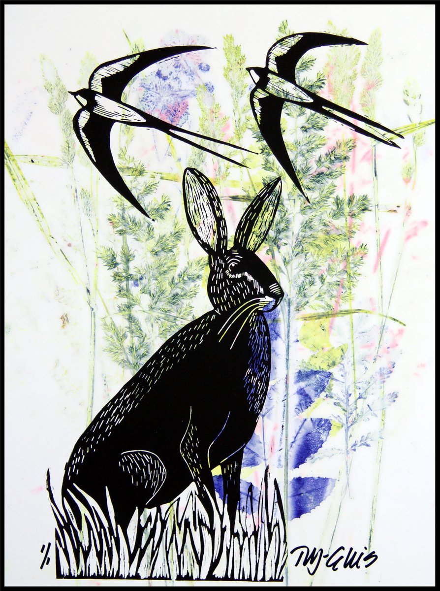 Hare, linocut with mixed media by Mariann Johansen-Ellis