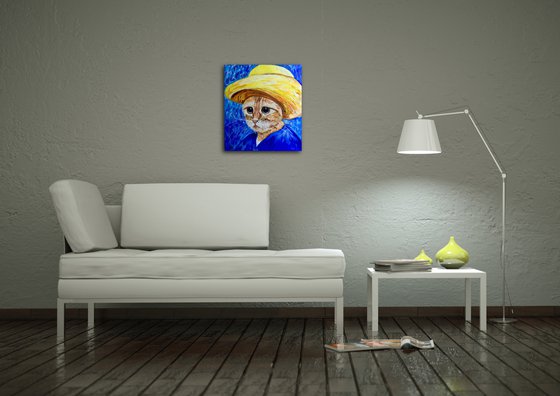 Cat La Van Gogh in a straw hat modern oil painting feline art Van Gogh influence art for animal lovers