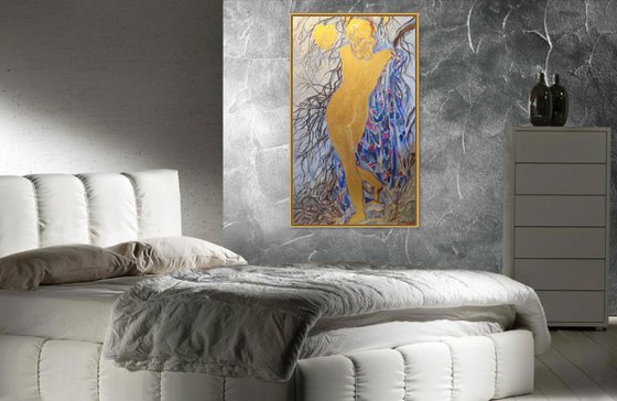 TROCADERO GOLD. PARIS - nude art, original painting oil on canvas, winter snow love lover nude girl, interior art, Christmas Valentine gift