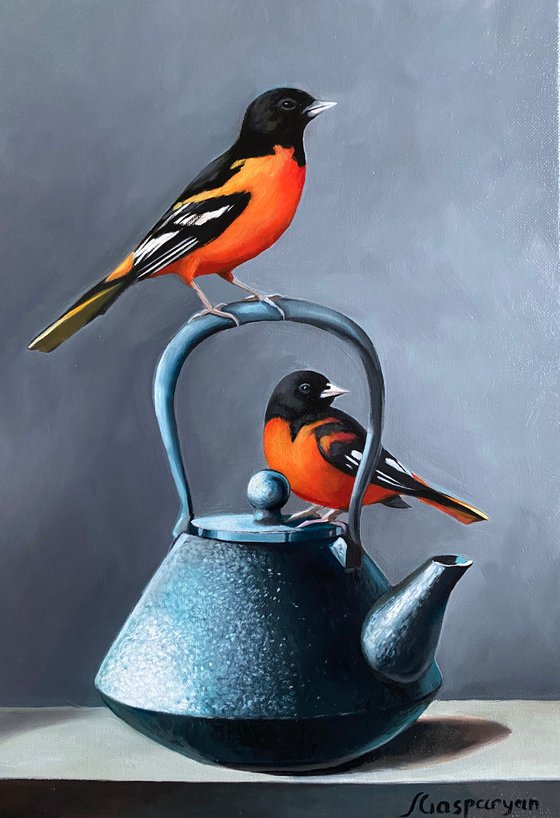 Still life with birds and kettle (24x35cm, oil painting, ready to hang)