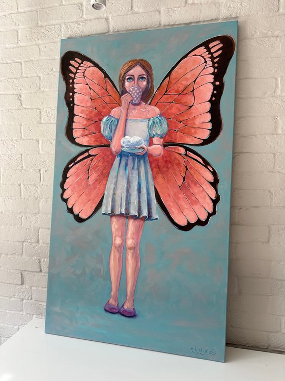 "She has wings". Original surrealistic oil painting. XXL