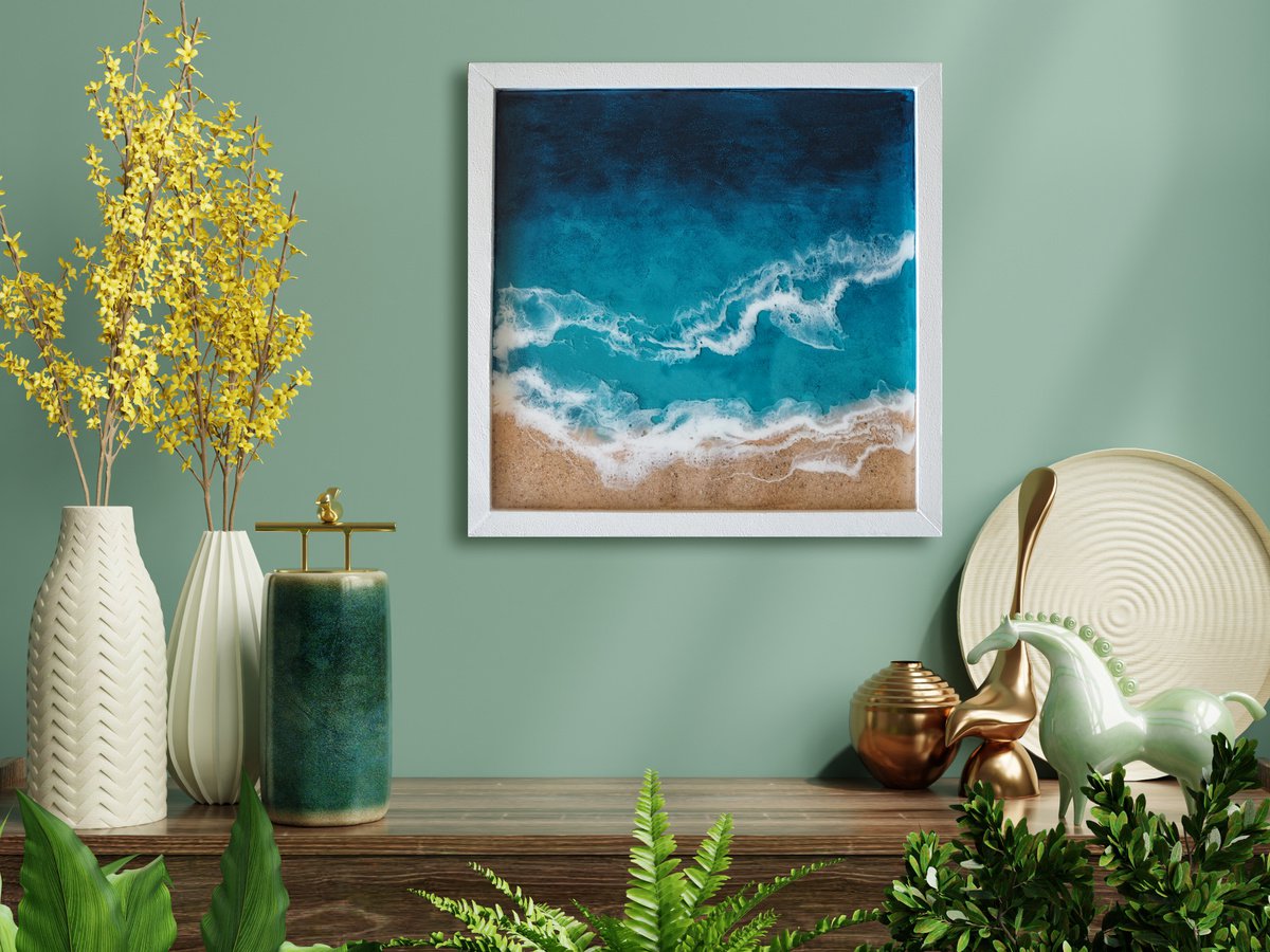 Minimalistic sea - original seascape artwork, framed, ready to hang by Delnara El