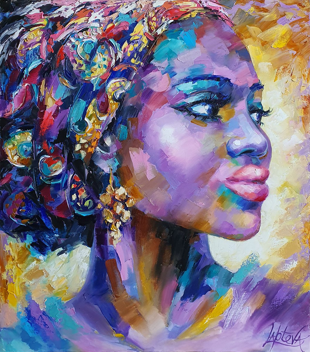 Expressive Portrait Oil Painting By Viktoria Lapteva, 28 X 31", Portrait African Woman, Original Artwork