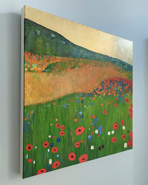 Contemporary Abstract Poppy Field & Gold Leaf Landscape.