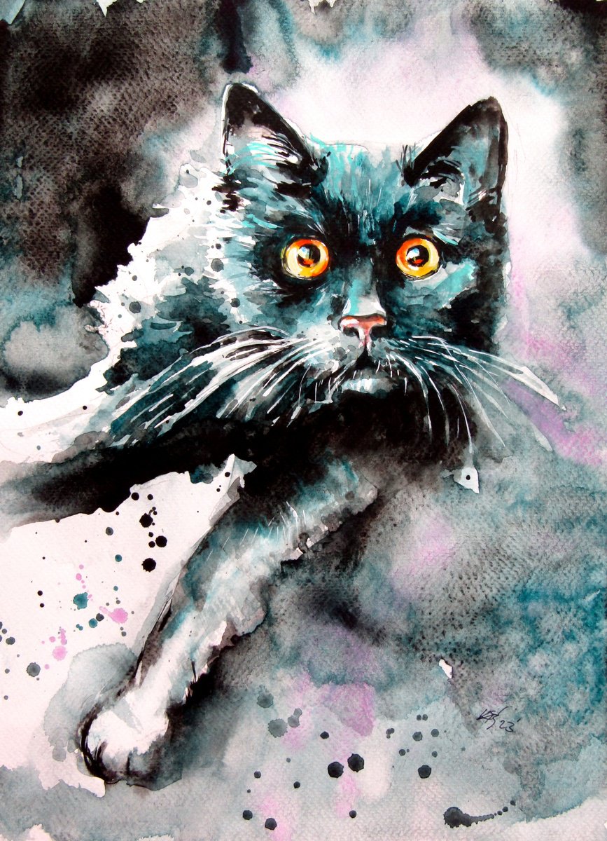 Impressionistic Animal Watercolour By Kovacs Anna Brigitta, 10 X 14", Black Cat, Original Artwork