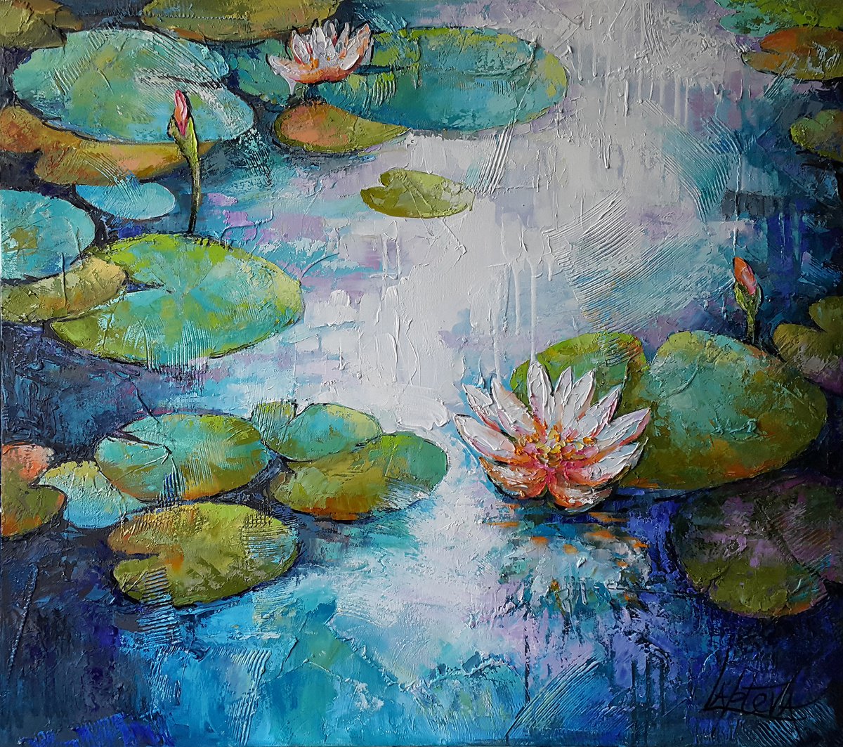 Organic Botanical Oil Painting By Viktoria Lapteva, 39 X 35", Summer Breath Water Lilies, Original Artwork