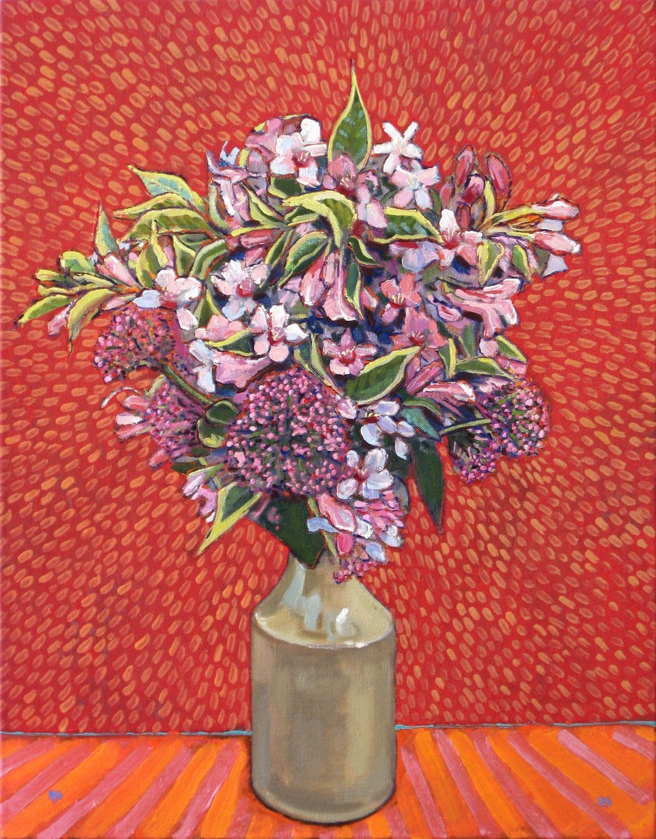 Botanical Oil Painting By Richard Gibson, 14 X 18", Flowers With A Red Background, Original Artwork