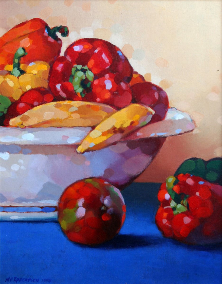 Still Life Acrylic Painting By Nicholas Robertson, 14 X 18", Principally Peppers, Original Artwork