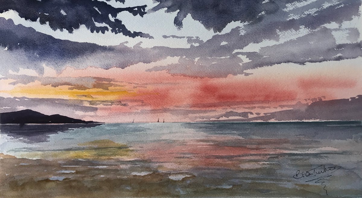 Impressionistic Landscape Watercolour By Brian Tucker, 17 X 9, Evening Calm, Original Artwork