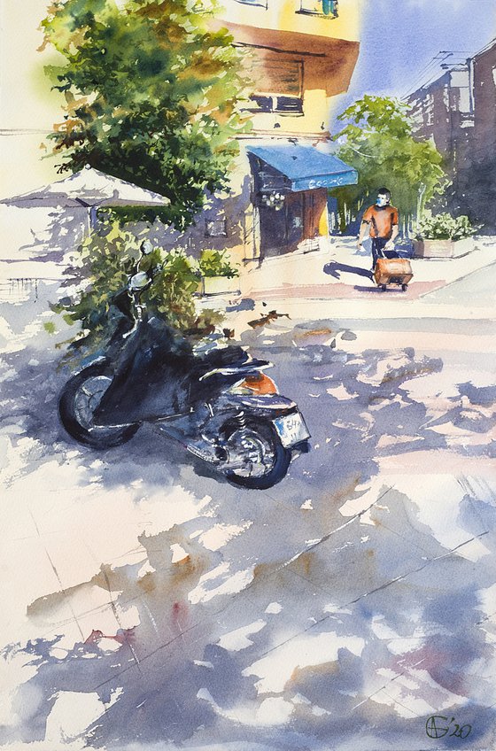 Madrid. Sunny day in pandemic times. Street scene with moto and mask. Big format watercolor urban landscape