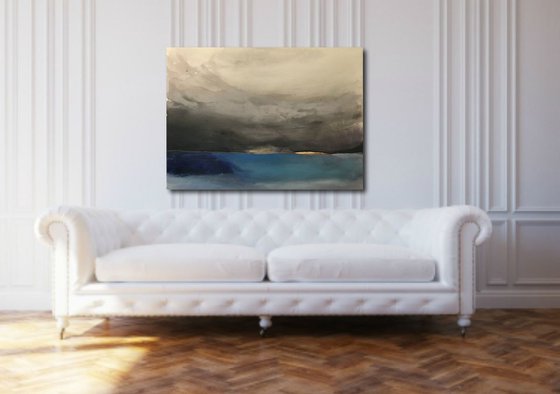 "In your absence" large abstract seascape /landscape neutral blue with gold leaf