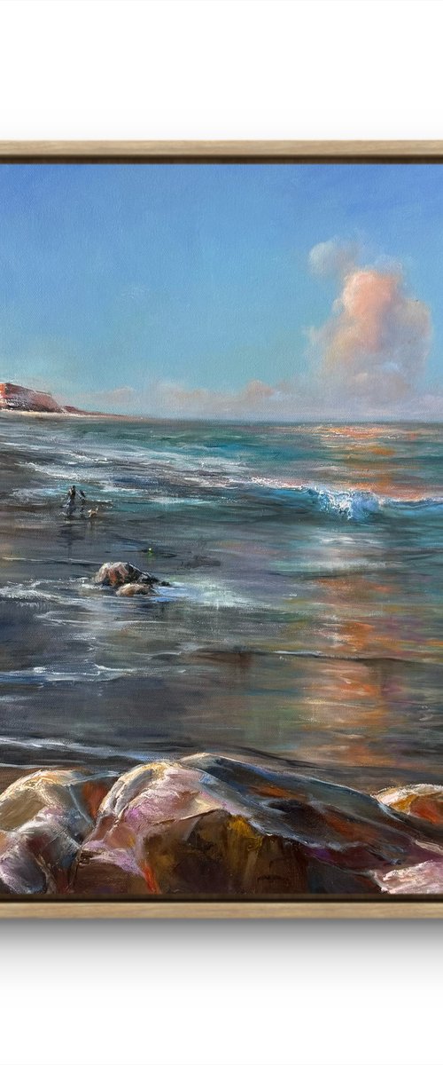 Dog walking down the beach by Alesia Yeremeyeva