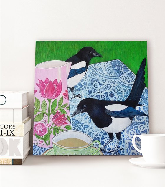 Two come to tea (two magpies for mirth)