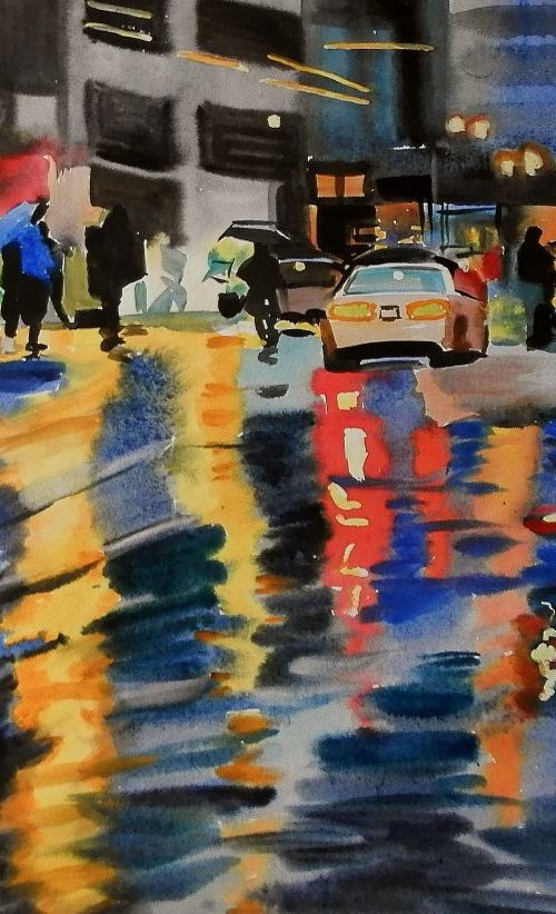 Evening rain, large watercolor 98x68 cm by Valentina Kachina