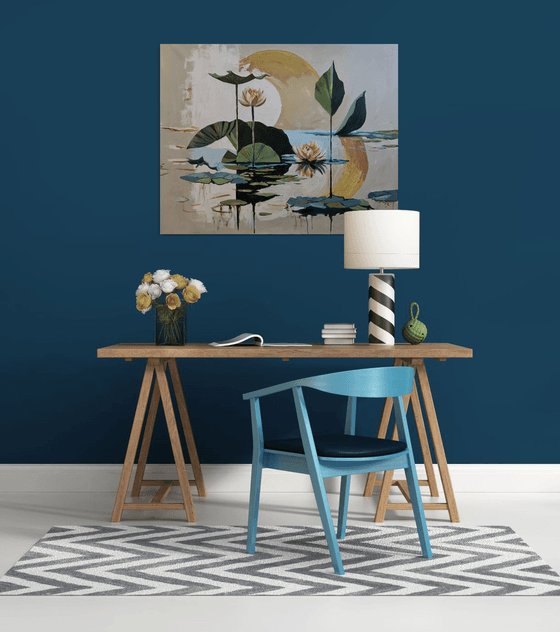 Golden Pond. Semi Abstract Water Lilies.