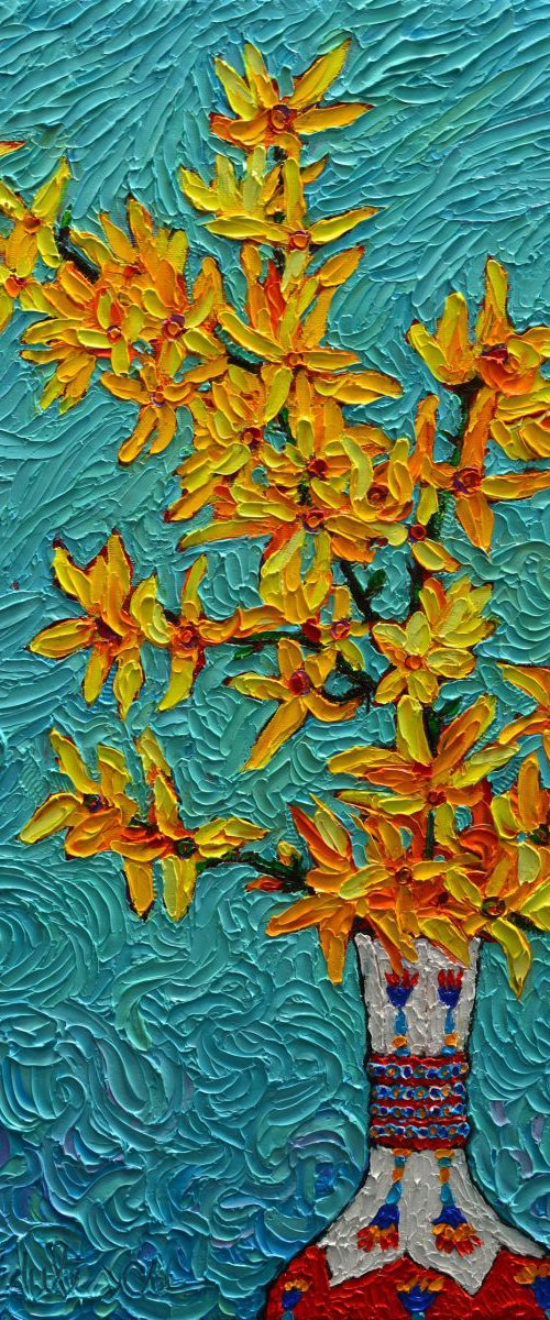 FORSYTHIA VIBRATION MODERN IMPRESSIONIST FLOWER ART PALETTE KNIFE OIL PAINTING by ANA MARIA EDULESCU
