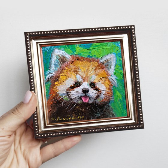 Red panda painting 4x4 in frame, Wild animal oil painting mini gift for friend