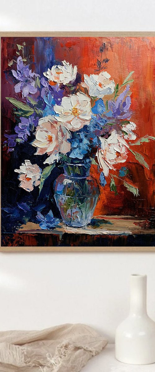 Bouquet, White flowers on red by Vita Schagen