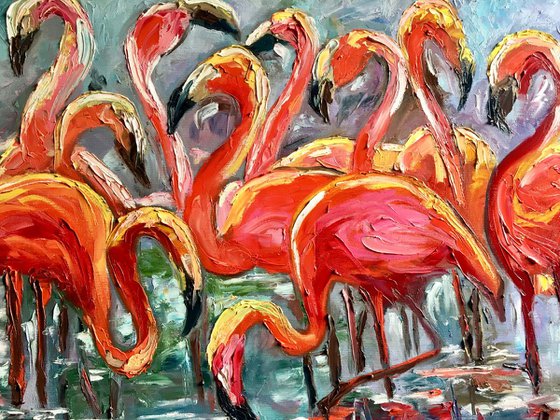 ORANGE FLAMINGOS. PAlLETTE KNIFE painting .