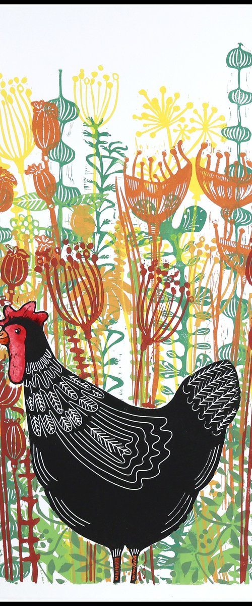 a Black hen in the Flowers by Mariann Johansen-Ellis