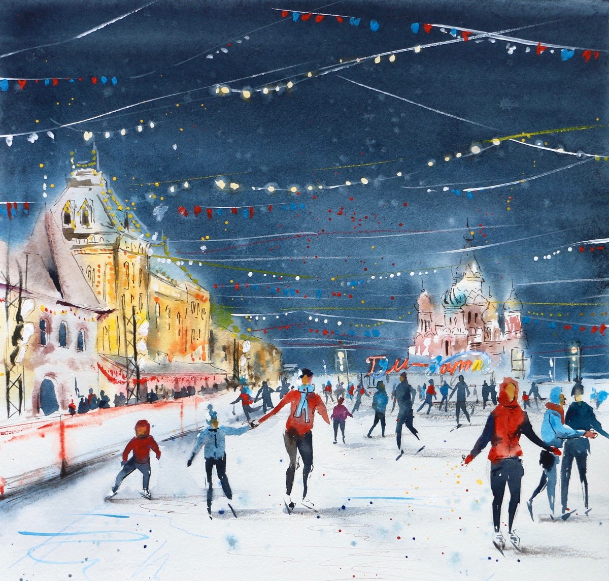 Skating rink on Red Square, Moscow. Original watercolor artwork. by Evgeniya Mokeeva