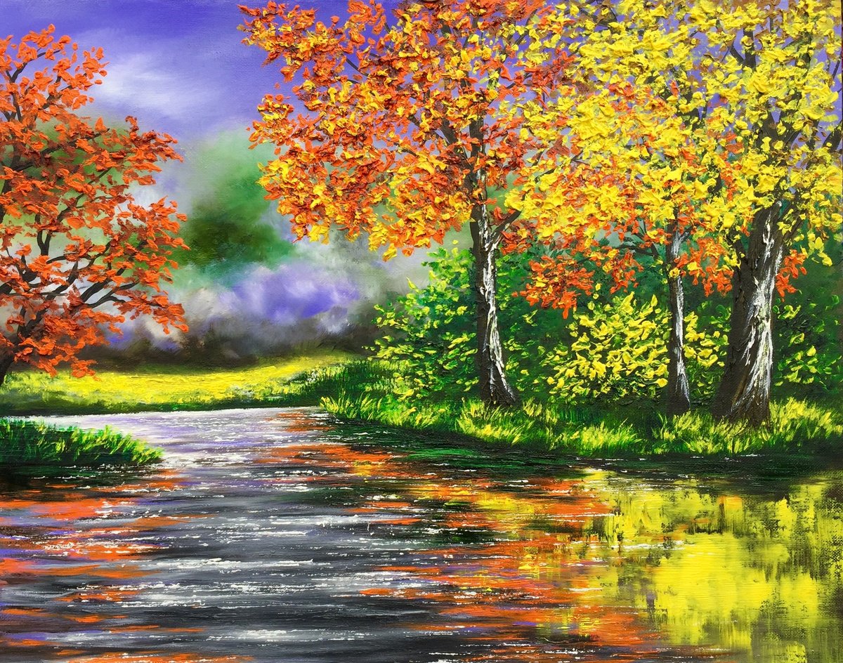 Impressionistic Landscape Oil Painting By Yulia Allan, 22 X 18", Autumn Motifs, Original Artwork