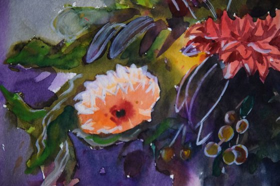 Watercolor painting Autumn flowers bouquet