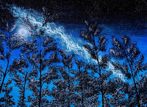 Dark trees under the shining moon