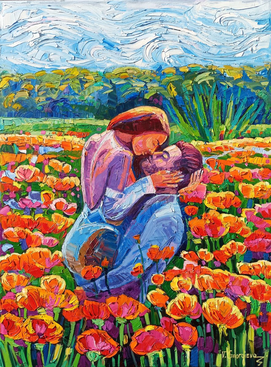 Impressionistic Portrait Oil Painting By Vanya Georgieva, 24 X 31", Love Among The Flowers, Original Artwork