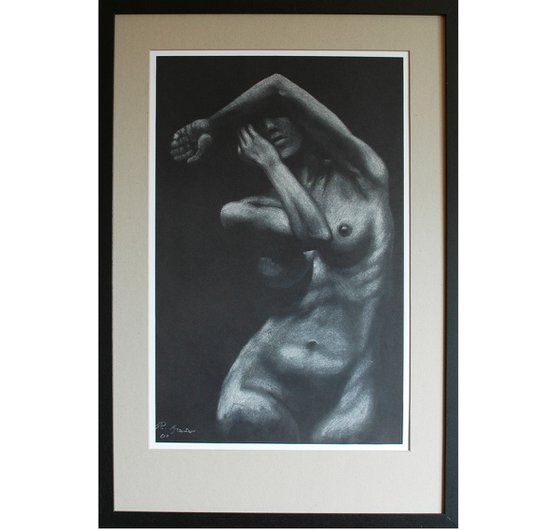 White pastel on black.