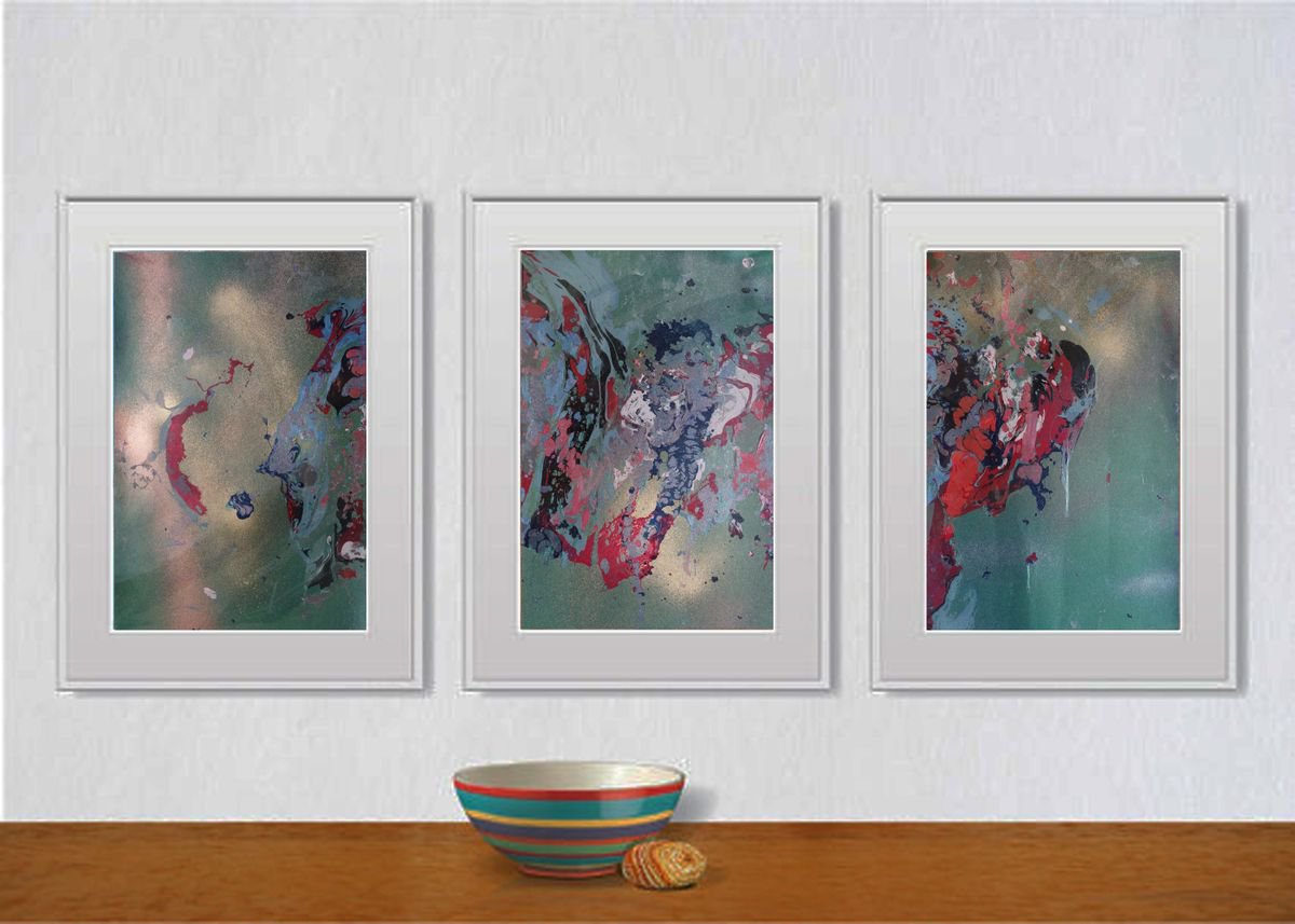 Set of 3 Fluid abstract original paintings on carton - 18J050 by Kuebler