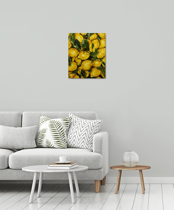 Lemons, oil painting, still life. Palette knife painting on canvas.