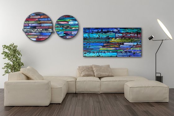 "Are You Not Entertained?" - Save As A Series - Original PMS Sculptural Mixed Media Painting Assemblage Triptych On Circular and Rectangular Wooden Panels - 48 x 48 inches