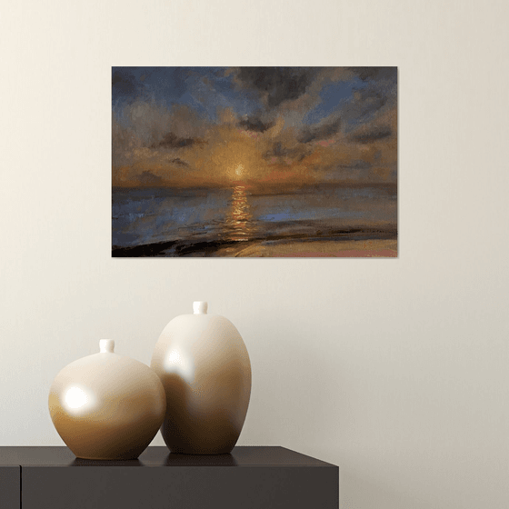 Evening Sunset over The Sea. Original Oil Painting on canvas ready to hang.