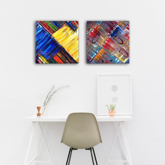 "Are We So Different?" - FREE USA SHIPPING - Save As A Series - Unique PMS Geometric Oil Painting Diptych On Canvas - 40" x 20"