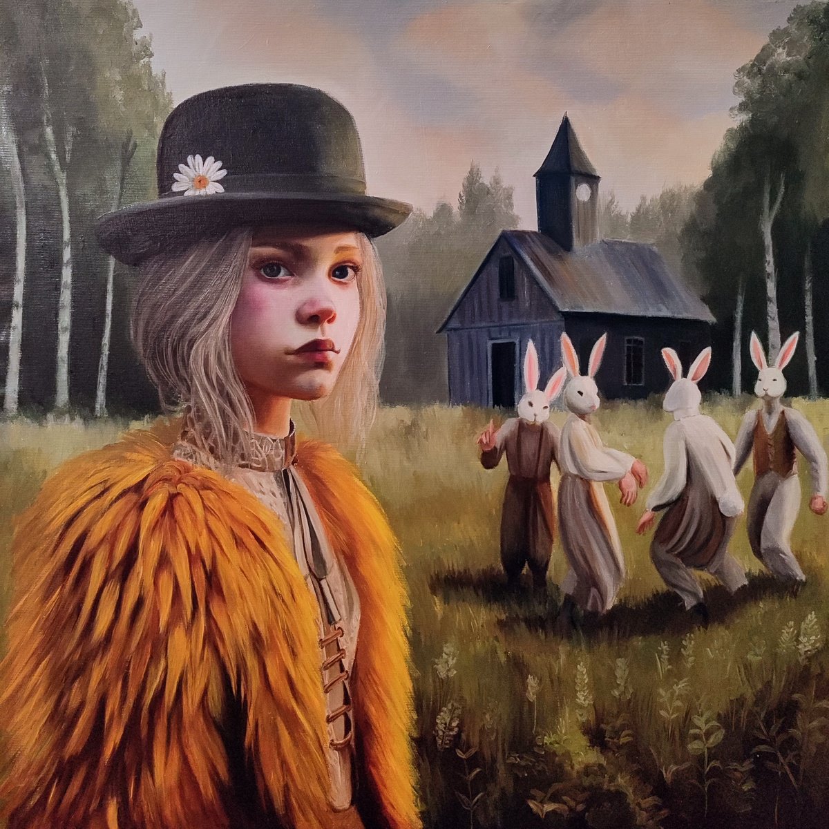 Surrealistic Portrait Oil Painting By Laura Muolo, 24 X 24", The Ballad Of The Mascks, Original Artwork