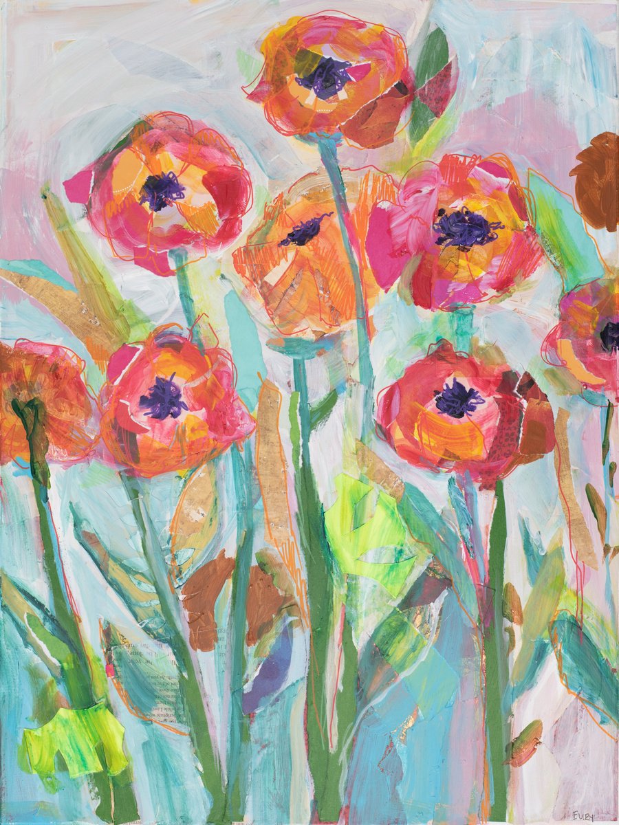 Impressionistic Botanical Collage By Eliry Arts, 16 X 24, Collage Poppies, Original Artwork