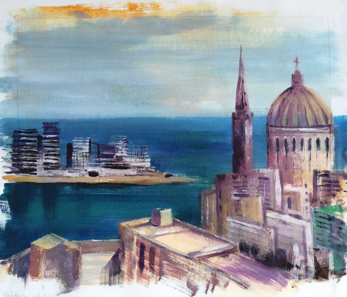 Impressionistic Cityscapes Acrylic Painting By Olga David, 22 X 19", Valletta, Our Lady And St. Paul