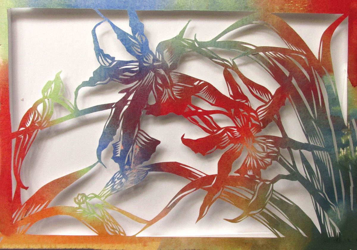 Botanical Watercolour By Alfred Ng, 13 X 9, Orchid With Dragonfly Watercolor Paper Cut, Original Artwork