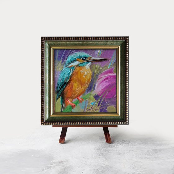 Kingfisher bird tiny painting original art framed picture 4x4, Turquoise artwork bird wall art decor Personalized gift animal art lover