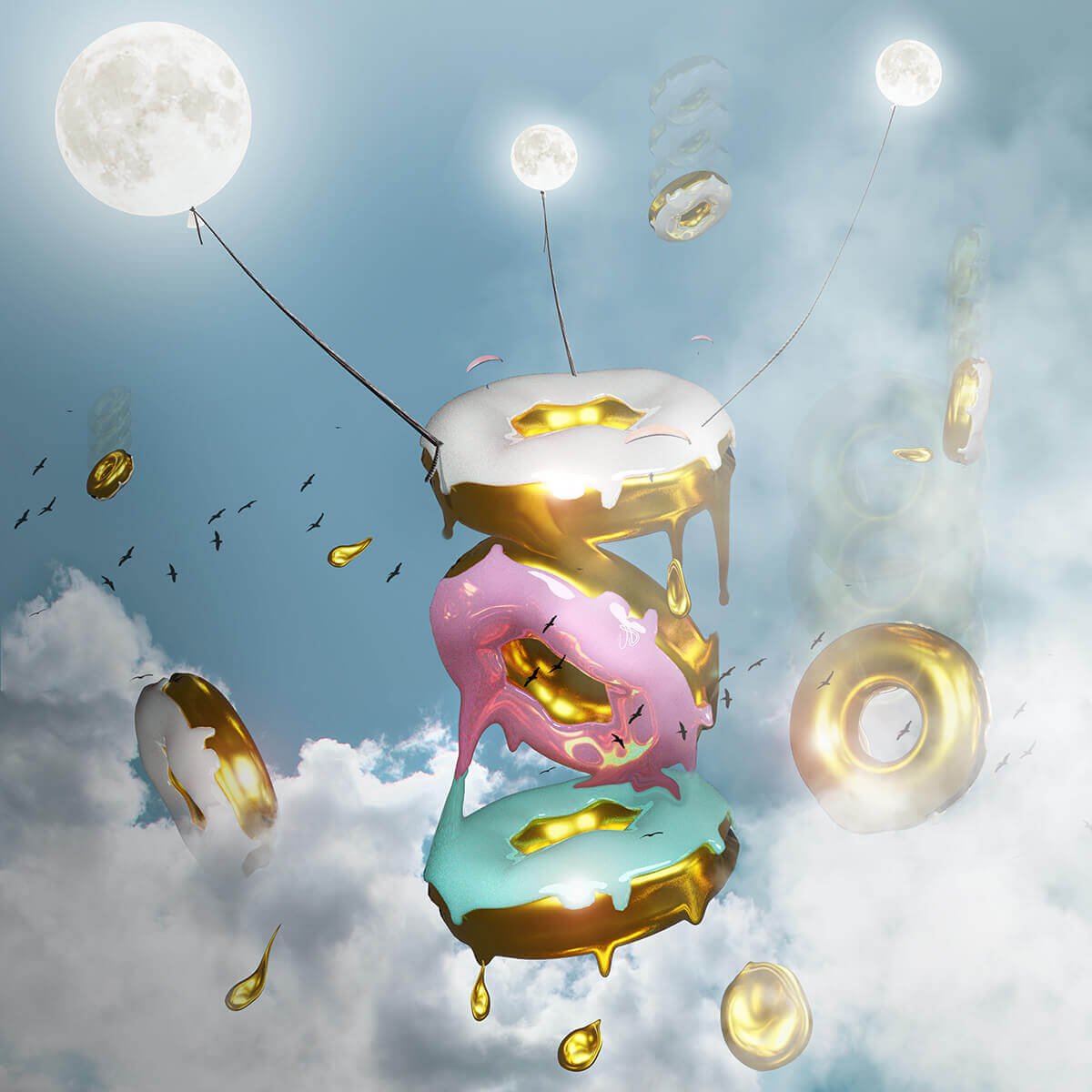 Surrealistic Still Life Print By Vanessa T Stefanova, 20 X 20", Gold Doughnuts, Original Artwork