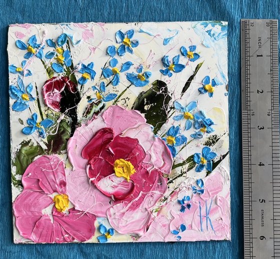 Peony Painting Forget me Nots Original Art Flowers Oil Impasto Floral Artwork Small Home Wall Art 6 by 6" by Halyna Kirichenko