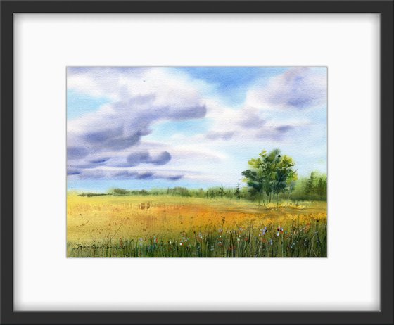 Forget-me-nots original watercolor artwork bright colors  field landscape with flowers , decor for bedroom, gift for mother