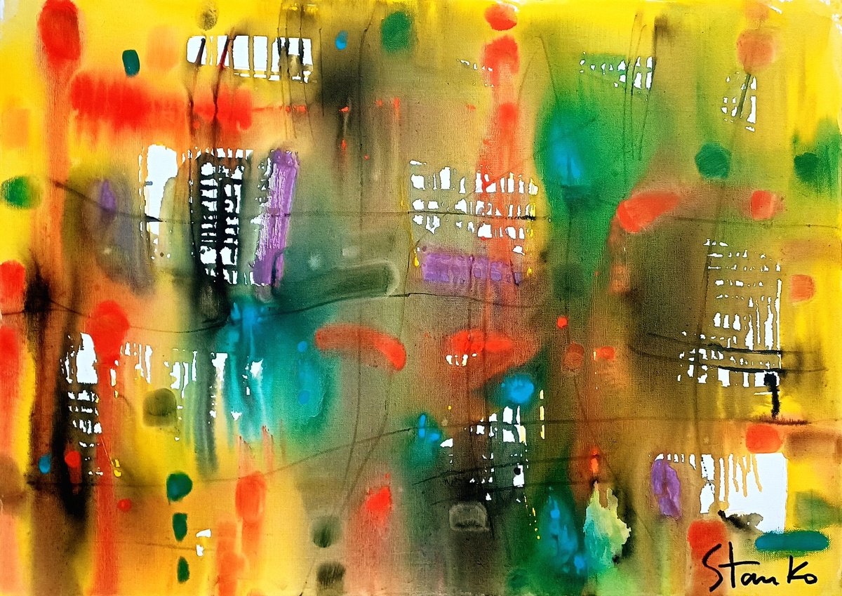 Abstract Acrylic Painting By Stanislav Bojankov, 28 X 20", Summer Rain-Iv, Original Artwork