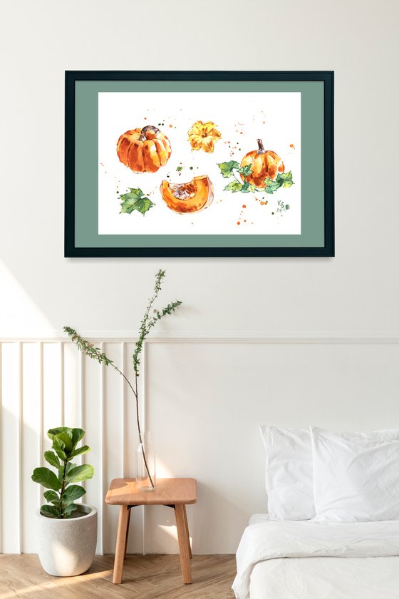 "Pumpkin in dotted drops. Expressive sketch" original watercolor illustration