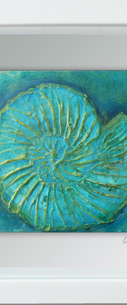 Fossil #1 (ammonite textured painting with gold highlights ) Framed ready to hang original by Carolynne Coulson