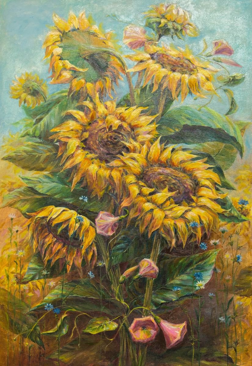 Impressionistic Botanical Oil Painting By Galyna Shevchencko, 28 X 39, Sunflowers, Original Artwork